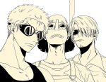  3boys afro cigarette closed_mouth collared_shirt commentary enahr_1111 facial_hair goatee goggles greyscale hair_over_one_eye long_nose looking_at_viewer male_focus monochrome multiple_boys one_piece overalls roronoa_zoro sanji_(one_piece) shirt smoke tank_top upper_body usopp v-shaped_eyebrows 