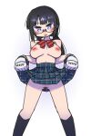  1girl black_hair black_socks blue_eyes bow bowtie breasts cannsk clothes_lift commentary_request diagonal-striped_bow diagonal-striped_bowtie diagonal-striped_clothes fingerless_gloves glasses gloves high-waist_skirt inverted_nipples kneehighs large_breasts lifted_by_self miniskirt mma_gloves mole mole_on_breast mole_on_leg no_panties original plaid plaid_skirt pussy semi-rimless_eyewear skirt skirt_lift socks solo striped_clothes topless under-rim_eyewear unmoving_pattern 