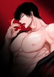  1boy absurdres artist_request bara bare_pectorals black_hair food fruit fushiguro_touji green_eyes half-closed_eyes highres holding holding_food holding_fruit japanese_clothes jujutsu_kaisen kimono large_pectorals looking_at_viewer male_focus mature_male muscular muscular_male nipples open_clothes open_kimono pectorals profile scar scar_on_face scar_on_mouth short_hair solo strawberry tongue tongue_out upper_body 