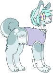 2017 alpha_channel ambiguous_gender blue_claws blue_hair canid canine canis claws clothed clothed_feral clothing curled_tail digital_drawing_(artwork) digital_media_(artwork) digitigrade domestic_dog eyebrows eyelashes feral feral_with_hair flat_colors full-length_portrait fur grey_body grey_fur hair hybrid jaspering lagomorph leporid looking_at_viewer mammal paws portrait purple_clothing purple_eyes purple_nose purple_topwear purple_vest rabbit simple_background smile snout solo standing tail topwear transparent_background vest whisker_dots yellow_sclera