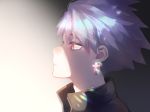  1boy earrings jewelry looking_down male_focus red_eyes rough_(talesrunner) silver_hair simple_background spiked_hair talesrunner 