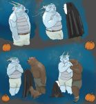  2018 anthro bear belly bezdomny brown_fur canine clothing duo food fruit fur halloween holidays humanoid_hands male mammal overweight overweight_male pumpkin shorts simple_background tanuki 