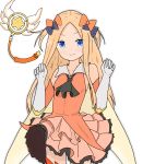  abigail_williams_(fate/grand_order) ascot atsumisu bangs bare_shoulders black_bow black_neckwear blonde_hair blue_eyes blush bow brown_skirt closed_mouth collarbone collared_shirt commentary_request cosplay cowboy_shot detached_sleeves elbow_gloves eyebrows_visible_through_hair fate/grand_order fate/kaleid_liner_prisma_illya fate_(series) forehead gloves hair_bow hands_up highres kaleidostick long_hair long_sleeves magical_ruby orange_bow orange_legwear orange_shirt orange_sleeves parted_bangs pleated_skirt polka_dot polka_dot_bow prisma_illya prisma_illya_(cosplay) shirt simple_background skirt sleeveless sleeveless_shirt smile solo thighhighs two_side_up very_long_hair wand white_background white_gloves 