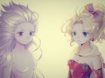  bare_shoulders blonde_hair blue_eyes breasts cape cleavage closed_mouth collarbone detached_sleeves dual_persona earrings final_fantasy final_fantasy_vi floral_print frown hair_intakes hair_ornament ichi_(pixiv6373491) jewelry long_hair medium_breasts multiple_girls no_nipples nude ponytail purple_eyes purple_hair purple_skin rose_print strapless tina_branford trance_tina_branford upper_body v-shaped_eyebrows very_long_hair white_cape 