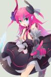  1girl bare_shoulders black_dress blue_eyes blush breasts curled_horns dragon_girl dragon_horns dragon_tail dress echo_(circa) elizabeth_bathory_(fate) elizabeth_bathory_(fate/extra_ccc) elizabeth_bathory_(first_ascension)_(fate) fate/extra fate/grand_order fate_(series) hair_ribbon halter_dress halterneck horns layered_skirt long_hair looking_at_viewer mecha_eli-chan_(fate) mechanical_tail metal_skin open_mouth outstretched_arm pink_hair pointing pointing_at_viewer pointy_ears ribbon skirt small_breasts tail thighs two_side_up white_skirt 