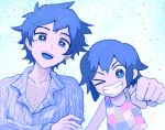  2boys aqua_background bare_arms blue_eyes blue_hair blue_pajamas bright_pupils brothers buttons checkered_clothes checkered_shirt child clenched_hand collarbone collared_shirt colored_skin confetti g_tsurius grin hair_behind_ear hair_between_eyes hand_on_own_arm hero_(headspace)_(omori) hero_(omori) kel_(headspace)_(omori) kel_(omori) looking_at_viewer multiple_boys omori one_eye_closed pajamas purple_skin shirt short_hair siblings simple_background smile striped_clothes striped_pajamas striped_shirt tank_top teeth upper_body upper_teeth_only v-shaped_eyebrows vertical-striped_clothes vertical-striped_pajamas vertical-striped_shirt white_background white_pajamas white_pupils 