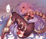  ass bangs bar_censor bare_shoulders blush bodysuit censored elbow_gloves fetal_position gloves granblue_fantasy heart lavender_hair long_hair looking_at_viewer medusa_(shingeki_no_bahamut) no_panties pointy_ears red_eyes sawayaka_samehada shingeki_no_bahamut spoken_heart tail very_long_hair 