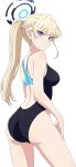  1girl absurdres ass bare_arms bare_shoulders blonde_hair blue_archive blue_eyes blue_hair blue_halo blue_one-piece_swimsuit braid breasts camui1104 closed_mouth commentary_request competition_swimsuit cowboy_shot expressionless from_side halo highleg highleg_swimsuit highres large_breasts light_blush long_hair looking_at_viewer multicolored_hair one-piece_swimsuit ponytail simple_background solo split_mouth standing streaked_hair swimsuit toki_(blue_archive) turning_head two-tone_swimsuit white_background 