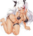  antenna_hair azur_lane bangs bare_shoulders barefoot bikini black_bikini black_ribbon blush breasts brown_eyes cleavage collarbone covered_nipples eyebrows_visible_through_hair fantia_reward feet flag_print german_flag_bikini hair_between_eyes hair_ribbon highres hips kure_masahiro large_breasts legs licking_lips long_hair looking_at_viewer mole mole_on_breast multi-strapped_bikini multicolored_hair navel paid_reward prinz_eugen_(azur_lane) ribbon side-tie_bikini silver_hair simple_background sitting smile solo streaked_hair swept_bangs swimsuit tan thigh_strap thighs tongue tongue_out two_side_up white_background 