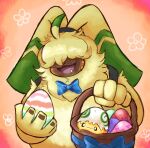 ahoge angoramon anthro bandai_namco basket bow_tie container digimon digimon_(species) dreamyboogrem duo easter easter_egg feral fluffy fur hair hair_over_eyes hi_res holidays long_ears male ponytail_ears smile yellow_body yellow_fur yolkmon