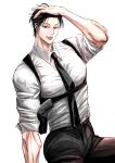  1boy absurdres alternate_costume artist_request between_pectorals black_hair collared_shirt cowboy_shot fushiguro_touji hand_in_own_hair highres jujutsu_kaisen large_pectorals looking_at_viewer male_focus mature_male muscular muscular_male necktie necktie_between_pectorals pants pectorals salaryman scar scar_on_face scar_on_mouth shirt short_hair smile solo tongue tongue_out white_background 