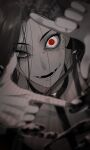  1boy arms_up bags_under_eyes blurry crazy_eyes fangs greyscale jamil_viper long_hair monochrome open_mouth twisted_wonderland 