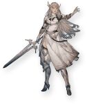  1girl armor armored_boots armored_dress belt blonde_hair blue_eyes boots breasts full_body gloves hair_ornament high_heel_boots high_heels holding holding_sword holding_weapon long_hair maria_(valkyrie_elysium) official_art simple_background solo sword third-party_source valkyrie_elysium valkyrie_profile_(series) weapon white_gloves 