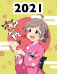  2girls :d ahoge animal_costume animal_print blush brown_eyes brown_hair cherry_blossoms chibi cow_girl cow_horns cow_print dot_nose double_bun eyelashes floral_print_kimono flower full_body hair_bun hair_flower hair_ornament hakozaki_serika hand_up happy_new_year highres horns idolmaster idolmaster_million_live! idolmaster_million_live!_theater_days japanese_clothes kimono long_hair long_sleeves multiple_girls nejime_(nejimeinu) obi obi_bow obiage ogami_tamaki one_eye_closed open_mouth orange_hair pink_kimono sash short_hair sidelocks smile teeth upper_body wide_sleeves yellow_eyes 