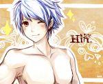  1boy abs absurdres blush highres looking_at_viewer male_focus red_eyes rough_(talesrunner) silver_hair spiked_hair talesrunner upper_body white_hair wink 