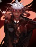  1boy 707_kuroyuki black_jacket chain collar collarbone commentary crazy_eyes danganronpa_(series) danganronpa_another_episode:_ultra_despair_girls floating_hair gesugao grey_hair hair_between_eyes highres jacket knees_up komaeda_nagito long_sleeves looking_at_viewer male_focus medium_hair messy_hair metal_collar open_clothes open_jacket open_mouth pants red_eyes servant_(danganronpa) shirt smile solo squatting striped_clothes striped_shirt 