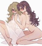  2girls azuma_(magi-inazuma) blush breasts brown_eyes brown_hair closed_mouth commentary_request completely_nude grabbing grabbing_another&#039;s_breast grabbing_from_behind large_breasts long_hair multiple_girls nude original parted_lips purple_hair red_eyes simple_background sitting sweat wariza white_background yuri 