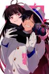  1boy 1girl black_hair black_scarf black_shirt closed_eyes echo_(circa) fate/grand_order fate_(series) fedora gloves grin hat hug jacket koha-ace long_hair long_sleeves octopus oryou_(fate) red_eyes sakamoto_ryouma_(fate) scarf shirt smile suit translation_request very_long_hair white_gloves white_hat white_jacket white_suit 