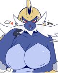 anthro biped blue_body blush breasts female front_view fur gearfactory generation_5_pokemon heart_symbol nintendo nipples orange_eyes pokemon pokemon_(species) samurott simple_background smile solo white_background white_body white_fur