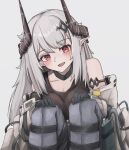  1girl absurdres arknights bare_shoulders black_gloves black_horns black_sports_bra blue_pants blush commentary_request ear_piercing gloves grey_background grey_hair grey_jacket hands_on_own_knees highres horns infection_monitor_(arknights) jacket kari90909 long_hair long_sleeves looking_at_viewer mudrock_(arknights) mudrock_(elite_ii)_(arknights) off_shoulder open_mouth pants piercing pointy_ears red_eyes simple_background smile solo sports_bra 
