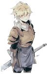  1boy armor blonde_hair blue_pants breastplate brown_gloves cowboy_shot cropped_legs fingerless_gloves from_side gloves gorget hair_between_eyes hand_guard live_a_live looking_at_viewer male_focus oersted omomomizu pants pauldrons pelvic_curtain short_hair shoulder_armor signature simple_background solo standing sword weapon white_background yellow_eyes 