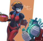  2girls blue_eyes breasts english_text humanoid_robot mechanical_wings medium_breasts multiple_girls nickel_(transformers) panties pumpkin red_lips red_panties robot robot_girl size_difference the_transformers_(idw) transformers underwear windblade wings zoner 