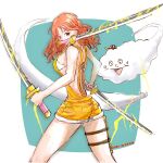  1girl 1other bikini cloud commentary_request cowboy_shot ebi_art456 electricity eyelashes hat highres holding holding_sword holding_weapon long_hair looking_at_viewer looking_back multiple_swords nami_(one_piece) one_piece orange_eyes orange_hair orange_overalls overall_shorts overalls smile swimsuit sword thigh_strap twitter_username weapon weapon_in_mouth white_bikini zeus_(one_piece) 