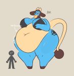 anthro belli_(swallowpancakes) belly big_belly big_breasts bloated blue_body bovid bovine breasts clothed clothing digital_media_(artwork) duo eating english_text eyelashes female food generation_2_pokemon hi_res horn long_tail mammal miltank navel nintendo overweight overweight_anthro overweight_female pancake pokemon pokemon_(species) simple_background size_difference solo swallowpancakes tail text thick_thighs topwear wide_hips