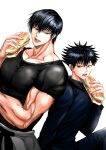  2boys absurdres artist_request back-to-back black_hair father_and_son food fushiguro_megumi fushiguro_touji highres jujutsu_kaisen large_pectorals male_focus mature_male multiple_boys muscular muscular_male pectorals sandwiched scar scar_on_face scar_on_mouth short_hair sideways_glance white_background 