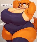 anthro berseepon09 big_breasts biped blush bodily_fluids breasts canid canine canis clothing dialogue dog_girl_(berseepon09) domestic_dog english_text eyelashes eyewear female fur glasses hi_res huge_breasts mammal one-piece_swimsuit orange_body orange_fur solo sweat swimwear tail text thick_thighs thought_bubble