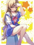  1girl akayama_yukihe between_legs blue_skirt blush border bow breasts brown_eyes brown_hair clannad cleavage closed_mouth collarbone commentary_request feet_out_of_frame floral_background flower hair_between_eyes hair_bow hair_over_shoulder hand_between_legs hand_up highres hikarizaka_private_high_school_uniform ibuki_fuuko long_hair looking_at_viewer low-tied_long_hair panties panty_peek purple_bow red_ribbon ribbon sailor_collar school_uniform serafuku shirt short_sleeves sidelighting sidelocks simple_background sitting skirt smile solo split_mouth star_(symbol) straight_hair summer_uniform suspender_skirt suspenders tareme thighs underwear v v_over_head very_long_hair white_border white_flower white_panties white_sailor_collar white_shirt yellow_background 