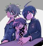  3boys ahoge amami_rantaro antenna_hair arm_belt arms_on_table belt black_jacket black_scarf black_sleeves blue_hair blue_shirt blue_sleeves buttons checkered_clothes checkered_scarf closed_mouth collarbone collared_jacket commentary_request crest danganronpa_(series) danganronpa_v3:_killing_harmony desk elbows_on_table eyelashes fingernails frown green_eyes green_hair hair_between_eyes hand_on_own_cheek hand_on_own_face high_collar interlocked_fingers jacket jewelry layered_sleeves light_smile long_sleeves looking_at_viewer mako_gai male_focus multiple_boys oma_kokichi open_mouth own_hands_clasped own_hands_together pendant pinstripe_jacket pinstripe_pattern pocket purple_eyes purple_hair saihara_shuichi scarf shirt short_hair simple_background sleeves_past_elbows sleeves_past_wrists smile striped_clothes striped_shirt teeth two-tone_scarf upper_body upper_teeth_only vertical-striped_sleeves white_background white_belt white_jacket white_scarf white_sleeves yellow_eyes 