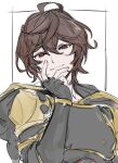  1boy ahoge armor breastplate commentary_request empty_eyes evil_smile fingerless_gloves gloves granblue_fantasy hair_between_eyes hand_on_own_cheek hand_on_own_face highres hood hood_down looking_at_viewer red_eyes sandalphon_(granblue_fantasy) short_hair shoulder_armor sketch smile smug solo tekki_(tki) unfinished upper_body white_background 