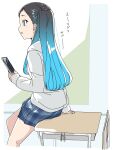  1girl 22/7 :d black_hair blue_eyes blue_hair blue_skirt border chair classroom commentary_request desk from_side gradient_hair hand_rest holding holding_phone hood hood_down hoodie light_blue_hair long_hair miniskirt multicolored_hair nishiura_sora on_desk open_mouth phone plaid plaid_skirt pleated_skirt school_chair school_desk sitting skirt smile solo straight_hair talking translation_request trefle_r white_border white_hoodie 