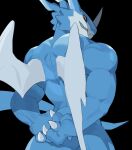 anthro back_muscles bandai_namco biceps blue_body digimon digimon_(species) exveemon grin hi_res horn looking_back male muscular muscular_anthro muscular_male red_eyes ririccccce scalie smile solo wings