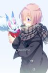  1girl animal black_jacket breasts cup echo_(circa) fate/grand_order fate_(series) fou_(fate) grey_scarf hair_over_one_eye jacket large_breasts long_sleeves mash_kyrielight open_mouth pink_hair purple_eyes scarf short_hair 
