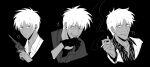  1boy absurdres age_progression akagi:_yami_ni_oritatta_tensai akagi_shigeru animal_print black_background character_age cigarette closed_mouth commentary_request fukumoto_mahjong gloves greyscale gun handgun highres holding holding_cigarette holding_gun holding_weapon jacket looking_at_viewer male_focus medium_bangs monochrome old old_man open_mouth print_shirt revolver sakey1997 shirt short_hair simple_background single_glove smile striped_clothes striped_jacket suit sweat ten_(manga) tiger_print upper_body vertical-striped_clothes vertical-striped_jacket weapon wrinkled_skin 