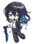  1girl black_gloves black_hair black_jacket black_pants blue_eyes blue_flower blue_hair chibi collared_shirt colored_inner_hair commentary_request flower full_body gloves hair_between_eyes holding holding_sword holding_weapon jacket long_hair looking_at_viewer lotus multicolored_hair open_clothes open_jacket open_mouth original pants rramarukun shirt simple_background solo standing streaked_hair sword unbuttoned weapon white_background white_shirt 