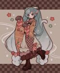 1girl animal_ears animal_hands apron bell blue_eyes blush boots bow cat_ears cat_girl cat_tail choker cross-laced_footwear food-themed_clothes fork_hair_ornament frilled_kimono frills full_body gloves hair_bow hair_ornament hairclip hatsune_miku highres japanese_clothes kimono lace-up_boots long_hair long_sleeves looking_at_viewer maid neck_bell open_mouth paw-shaped_pupils paw_gloves shiro_(a923808254) solo standing standing_on_one_leg symbol-shaped_pupils tail twintails very_long_hair vocaloid wa_maid wide_sleeves yuki_miku yuki_miku_(2024) 