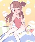  1girl arm_support asymmetrical_bangs bare_shoulders blunt_bangs blush brown_hair collarbone commentary dot_nose easter_egg egg english_commentary feet_out_of_frame flat_chest gradient_background highres kagari_atsuko leotard little_witch_academia long_hair looking_at_viewer one_eye_closed one_side_up open_mouth orenji_(wholesomeorenji) outline oversized_object pantyhose playboy_bunny rabbit_tail red_eyes red_leotard side_ponytail single_sidelock sitting smile solo straight_hair strapless strapless_leotard tail white_outline white_pantyhose yellow_background 