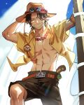  1boy abs armband bead_necklace beads black_hair black_shorts closed_eyes cowboy_shot freckles grin hand_on_headwear hat highres jewelry male_focus necklace one_piece open_clothes open_shirt parted_bangs pectorals portgas_d._ace ship shirt short_hair short_sleeves shorts smile solo teeth toned toned_male watercraft wavy_hair yanfenguo_gao yellow_shirt 