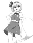  1girl bow bowtie commentary ghost greyscale hairband konpaku_youmu konpaku_youmu_(ghost) looking_at_viewer monochrome onkn_sxkn open_mouth shirt short_hair short_sleeves simple_background skirt solo touhou vest 