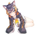  1girl absurdres animal_ear_fluff animal_ears black_hair blonde_hair blue_eyes blush cat_ears collarbone extra_ears fish_hair_ornament hair_between_eyes hair_ornament highres hood hoodie looking_at_viewer lying multicolored_hair nijisanji nijisanji_en parted_lips petra_gurin petra_gurin_(1st_costume) seion short_hair simple_background sleeves_past_fingers sleeves_past_wrists solo thighs two-tone_hair virtual_youtuber white_background 