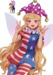  1girl :d american_flag_dress american_flag_legwear blonde_hair clownpiece commentary double_w english_commentary hat highres himuhino jester_cap long_hair looking_at_viewer neck_ruff open_mouth pink_eyes pointy_ears reference_inset short_sleeves simple_background smile touhou very_long_hair w white_background wings 