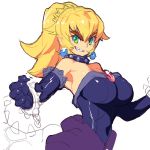  bare_shoulders black_gloves blonde_hair bowsette bracelet breasts collar commentary_request dress earrings elbow_gloves gloves green_eyes hair_between_eyes jewelry large_breasts looking_at_viewer mario_(series) metata new_super_mario_bros._u_deluxe no_hat no_headwear ponytail sharp_teeth simple_background sketch sleeveless smile solo spiked_armlet spiked_bracelet spiked_collar spikes strapless strapless_dress teeth unfinished upper_body white_background 