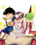  :&gt; :d ^_^ akame_(chokydaum) antennae armor black_hair blush boots carrying carrying_over_shoulder closed_eyes dende dragon_ball dragon_ball_z floral_background flower frieza full_body gloves happy height_difference horns looking_up male_focus multiple_boys open_mouth petals pointy_ears profile red_eyes simple_background sitting smile son_gohan upper_body white_background white_gloves yellow_flower 