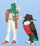 2_toes alternate_costume ambiguous_gender arrow_(weapon) avian beak belt belt_pouch bird blue_background bottomwear carrying_another claws cloak clock clothing clothing_swap cosplay decidueye eyes_closed eyewear feathers feet feral folded_wings footwear generation_7_pokemon glasses green_tail_feathers group hat headgear headwear hood hooded_cloak human looking_at_clothing looking_at_object male mammal nintendo on_shoulder orange_face owl pants pokemon pokemon_(species) quiver_(object) ranged_weapon rowlet shirt shoes simple_background sniper_(team_fortress_2) standing tail tail_feathers team_fortress_2 toe_claws toes topwear trio valve watch weapon wings wristwatch yappershy