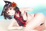  absurdres adapted_costume animal_ear_fluff animal_ears ass azur_lane bangs beach bikini bikini_tug black_hair blurry blurry_background blush breasts cameltoe cat_ears collarbone commentary_request day eyebrows_visible_through_hair fang flower hair_flower hair_ornament highres large_breasts looking_at_viewer lying ocean on_side open_mouth outdoors red_eyes sand short_eyebrows short_hair sideboob skindentation solo swimsuit thighs wet yamashiro_(azur_lane) yayoichi_(yoruyoru108) 