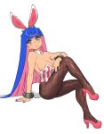  animal_ears bangs blue_eyes blue_hair blue_nails blunt_bangs bracelet breasts brown_legwear bunny_ears bunny_girl bunny_tail bunnysuit cleavage commentary cosplay detached_collar english_commentary fake_animal_ears fishnet_pantyhose fishnets hairband highres invisible_chair jewelry kiriririn large_breasts leg_up leotard long_hair maplestory maplestory_2 multicolored_hair nail_polish panty_&amp;_stocking_with_garterbelt pantyhose pink_footwear pink_hair pink_leotard platform_footwear platform_heels sitting solo spiked_bracelet spiked_hairband spikes stocking_(psg) strapless strapless_leotard striped tail two-tone_hair vanilla_(maplestory2) vanilla_(maplestory2)_(cosplay) vertical_stripes 