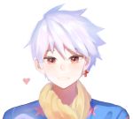  1boy blush earrings jewelry looking_at_viewer male_focus red_eyes rough_(talesrunner) silver_hair simple_background smileheart spiked_hair talesrunner teeth upper_body white_background white_hair 